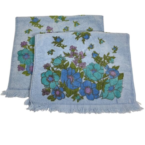 Set of Two Vintage Cannon Mills Pure Cotton Blue Floral Hand Towels Retro USA - Picture 1 of 6